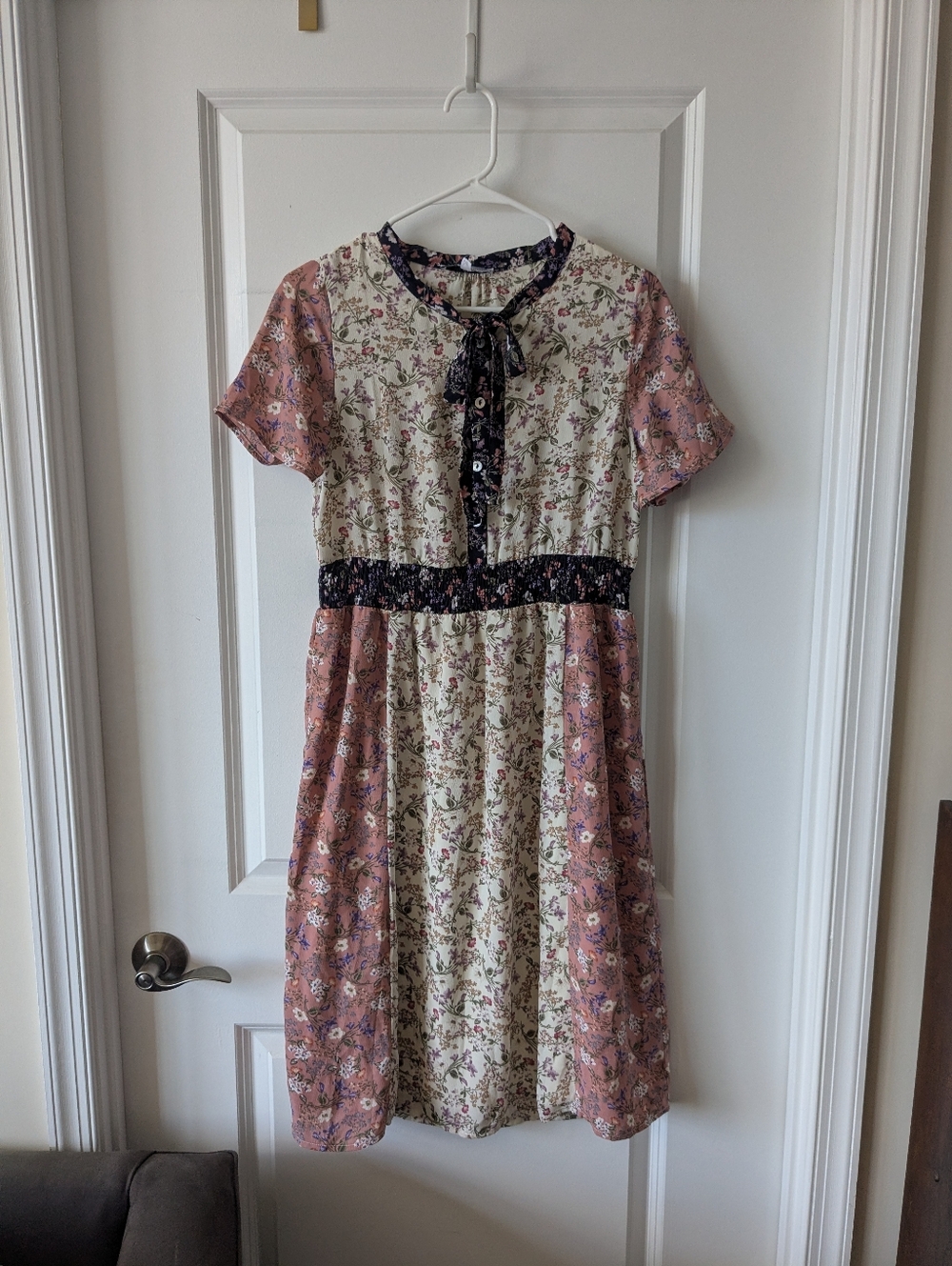 Piper & Scoot Patchwork Tie-Neck Midi Dress